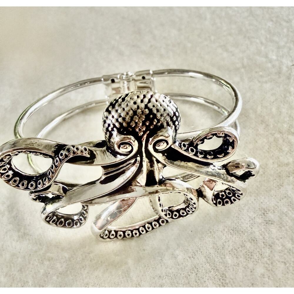 Silver Large Octopus Spring Back Cuff Bracelet